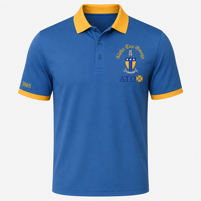 2 Tone Azure Blue & Old Gold Alpha Tau Omega Embroidered Polo Shirt – Personalized Fraternity Polo - product image 1