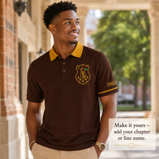 2 Tone Brown & Gold Iota Phi Theta Embroidered Polo Shirt – Personalized Fraternity Polo - product image 1
