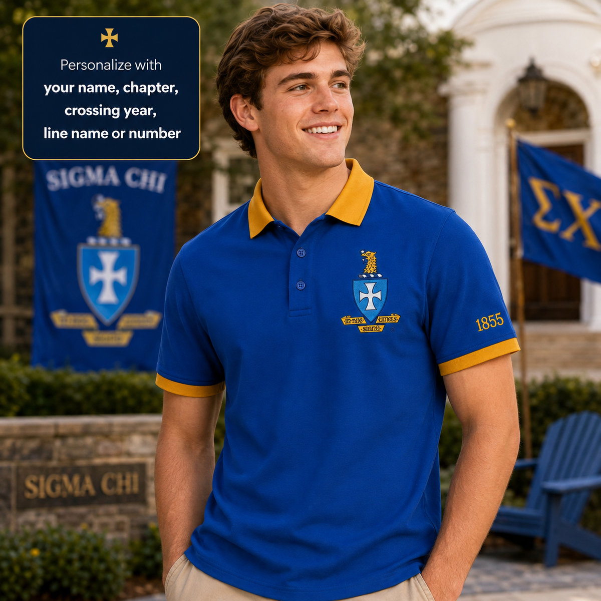 2 Tone Blue & Old Gold Sigma Chi Embroidered Polo Shirt – Personalized Fraternity Polo - product image 1