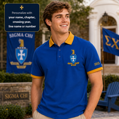 2 Tone Blue & Old Gold Sigma Chi Embroidered Polo Shirt – Personalized Fraternity Polo - product image 1