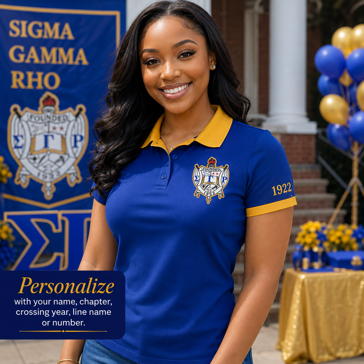 2 Tone Royal Blue & Gold Sigma Gamma Rho Embroidered Polo Shirt – Personalized Sorority Polo - product image 2
