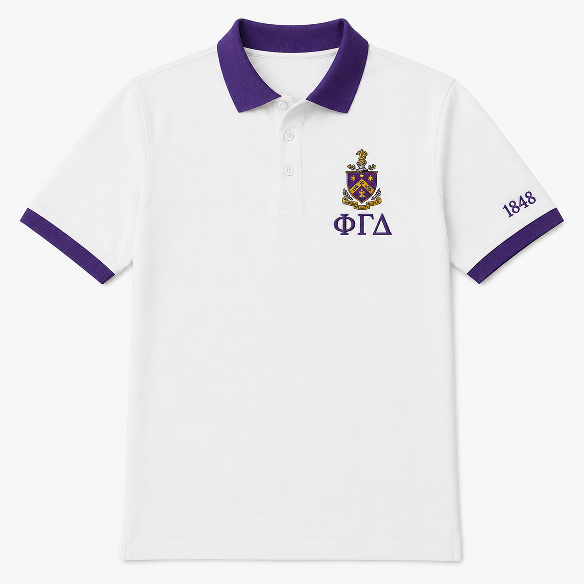 2 Tone White & Royal Purple Phi Gamma Delta Embroidered Polo Shirt – Personalized Fraternity Polo - product image 3