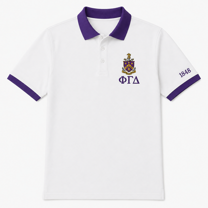 2 Tone White & Royal Purple Phi Gamma Delta Embroidered Polo Shirt – Personalized Fraternity Polo - product image 3