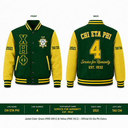 Chi Eta Phi green and yellow wool varsity jacket showing custom embroidered front and back designs