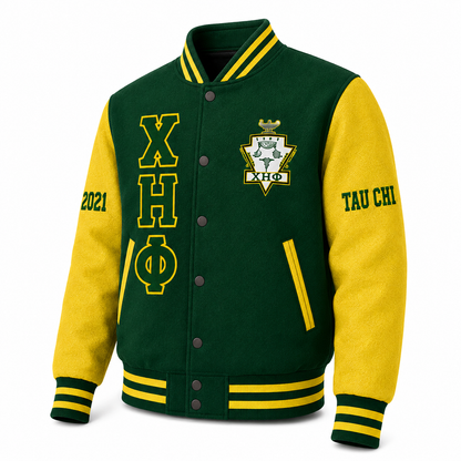 Angled front view of Chi Eta Phi green and yellow wool varsity jacket with crest and Greek letter embroidery