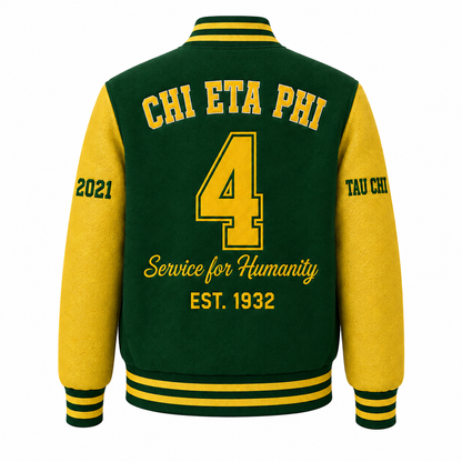 Back view of green and yellow Chi Eta Phi wool varsity jacket with line number 4 and Service for Humanity embroidery
