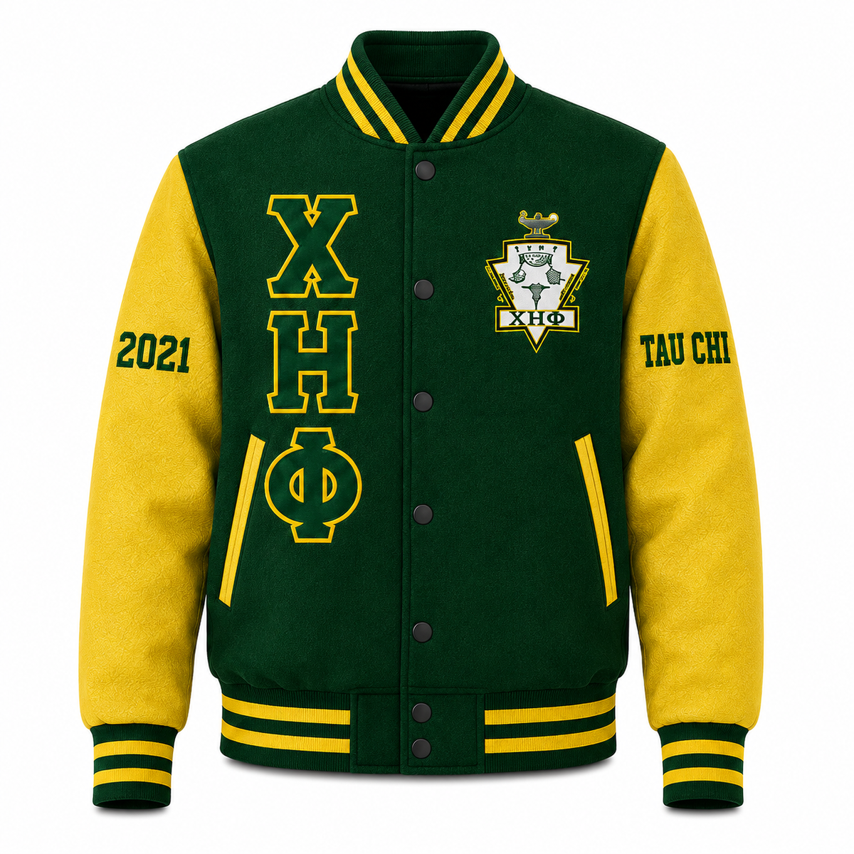 Front view of green and yellow Chi Eta Phi wool varsity jacket with Greek letters, crest and sleeve embroidery