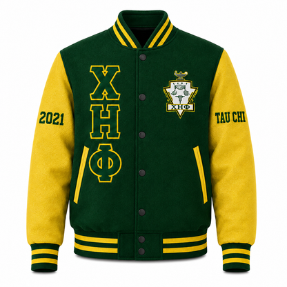 Front view of green and yellow Chi Eta Phi wool varsity jacket with Greek letters, crest and sleeve embroidery