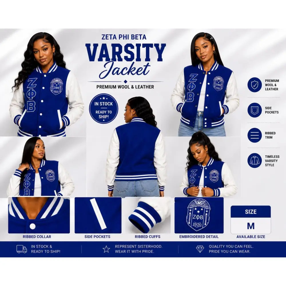 White / Red Zeta Phi Beta Varsity Line Jacket with personalized front, back, and sleeve embroidery