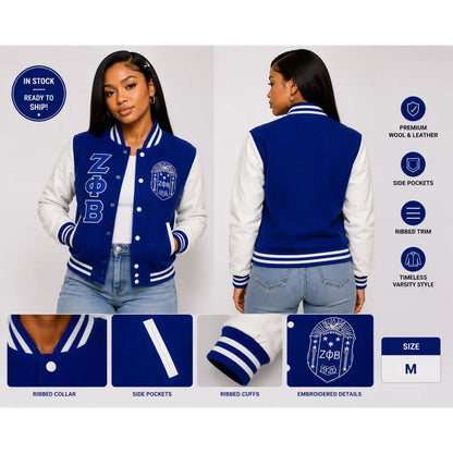 White / Red Zeta Phi Beta Varsity Line Jacket with personalized front, back, and sleeve embroidery
