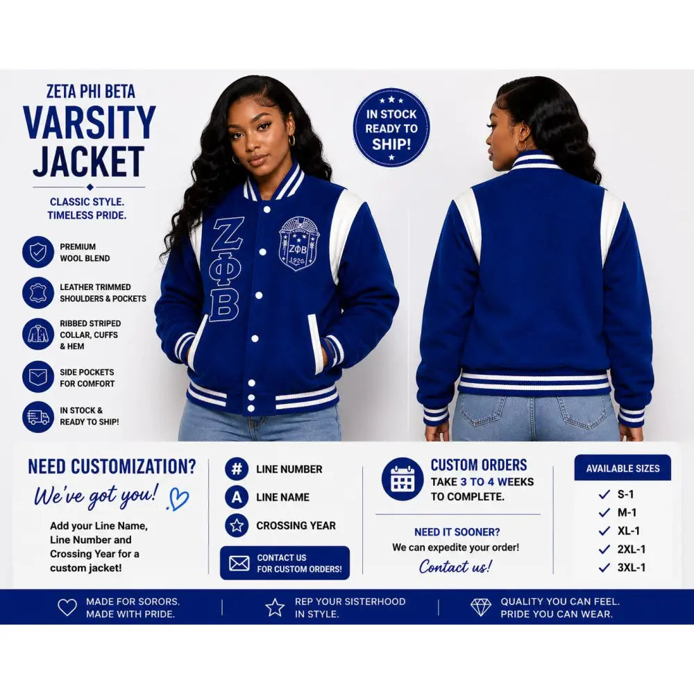 White / Red Zeta Phi Beta Varsity Line Jacket with personalized front, back, and sleeve embroidery
