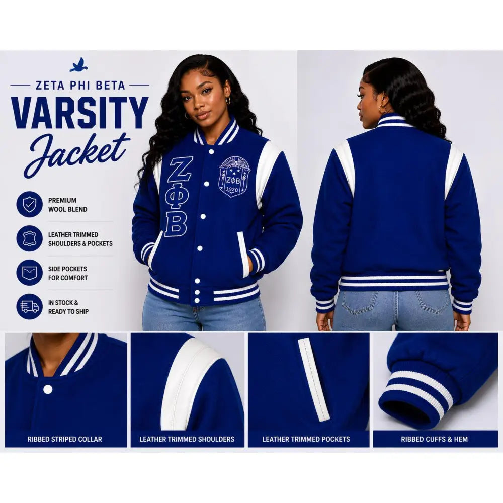White / Red Zeta Phi Beta Varsity Line Jacket with personalized front, back, and sleeve embroidery