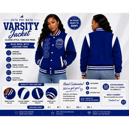 White / Red Zeta Phi Beta Varsity Line Jacket with personalized front, back, and sleeve embroidery