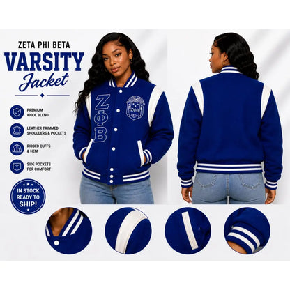 White / Red Zeta Phi Beta Varsity Line Jacket with personalized front, back, and sleeve embroidery