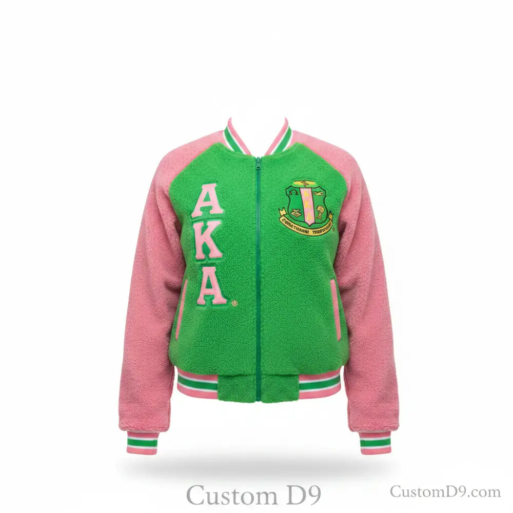 Custom Alpha Kappa Alpha Sorority Apparel Style 2 front view with personalized pink and green design