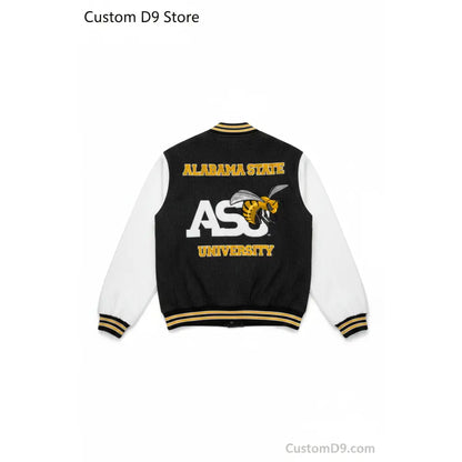 Custom Alabama State University Denim Bomber Jacket front view with personalized college design