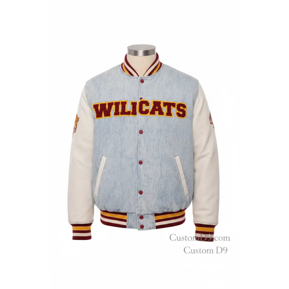 Custom Bethune-Cookman University Denim Bomber Jacket front view with personalized college design