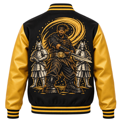 Back view of Alpha Phi Alpha black and gold satin varsity jacket with large custom warrior artwork embroidery