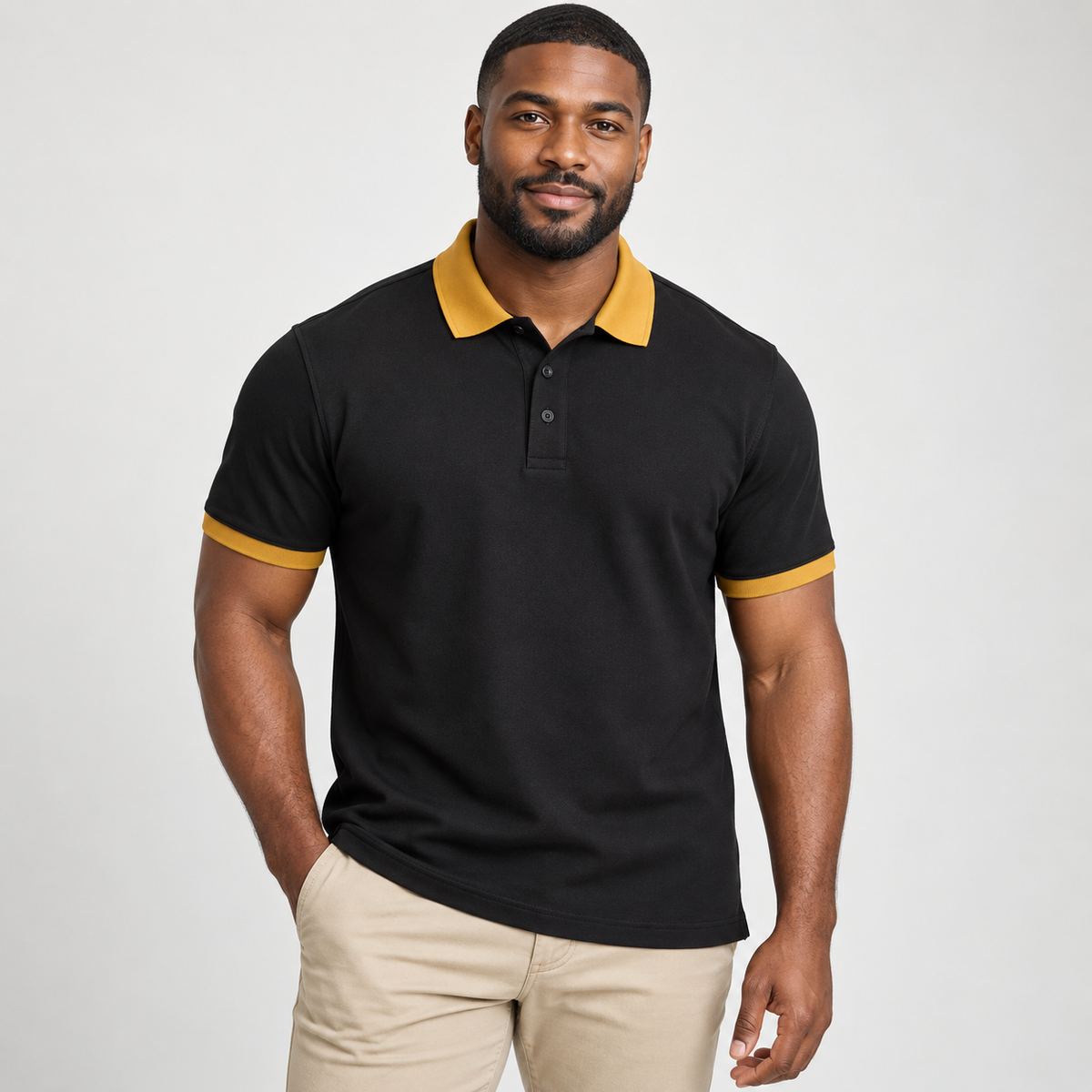 Blank black men's polo with old gold collar and sleeve trim on a model