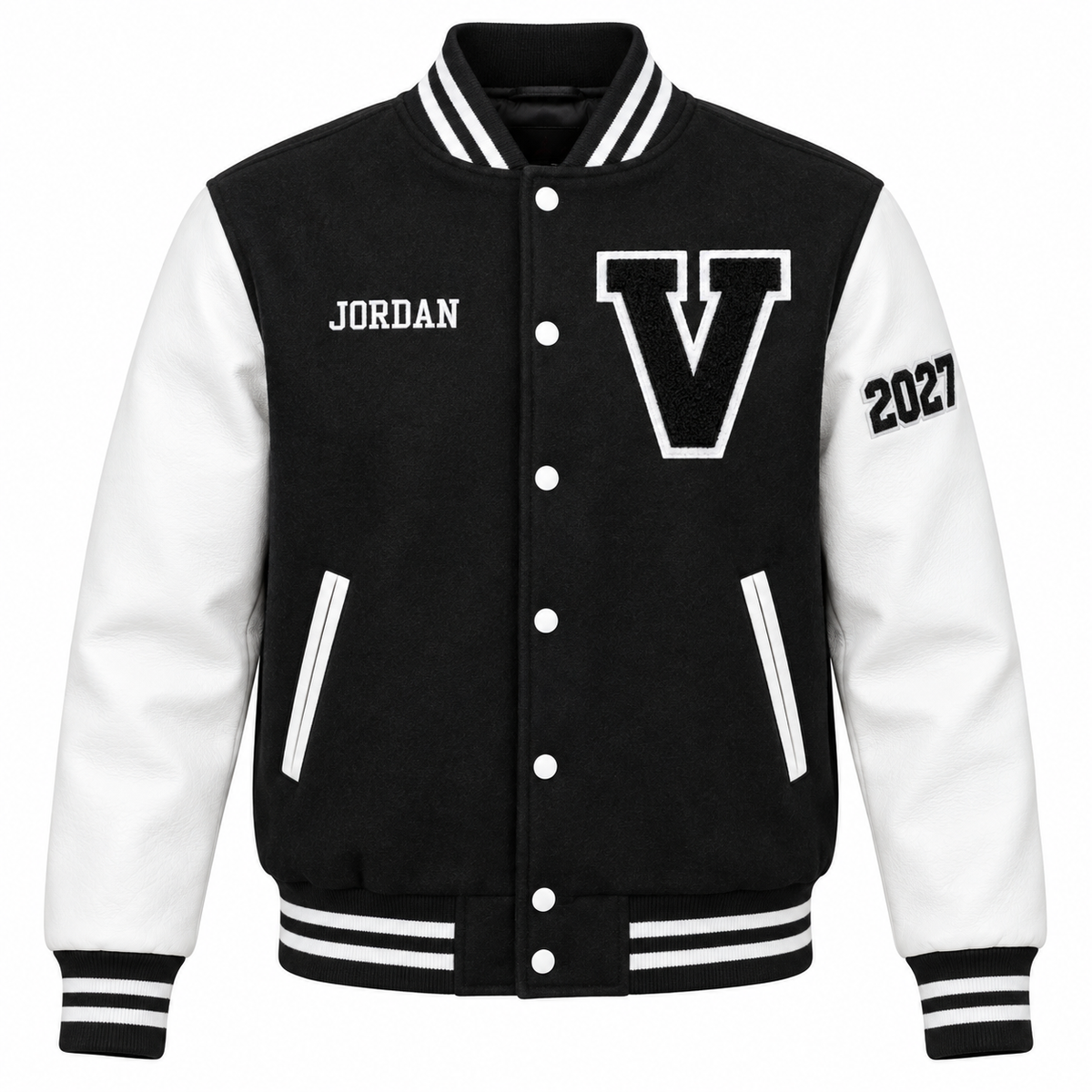 Custom black & white high school letterman jacket with personalized patches
