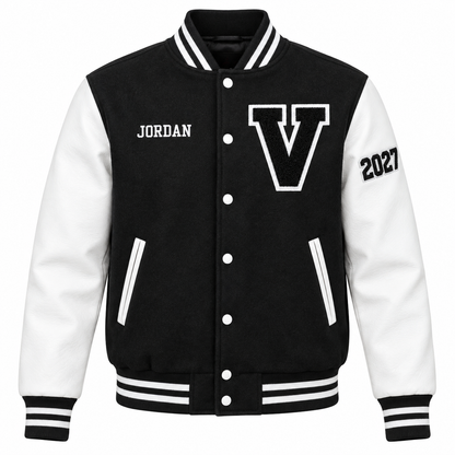Custom black & white high school letterman jacket with personalized patches
