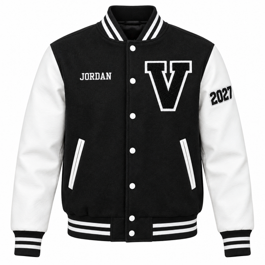 Custom black & white high school letterman jacket with personalized patches