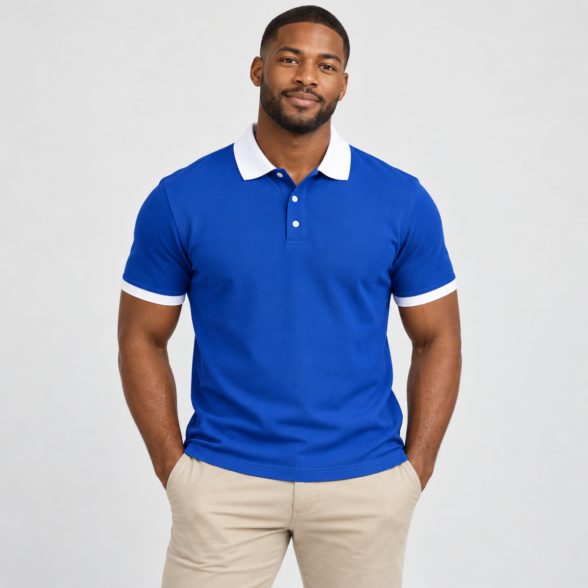 Blank royal blue men's polo with white collar and sleeve trim on a model