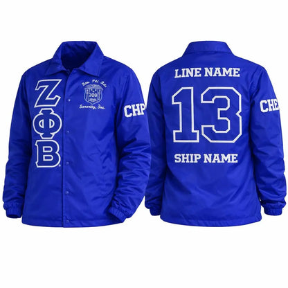 Blue Zeta Phi Beta Coach Line Jacket with personalized front, back, and sleeve embroidery