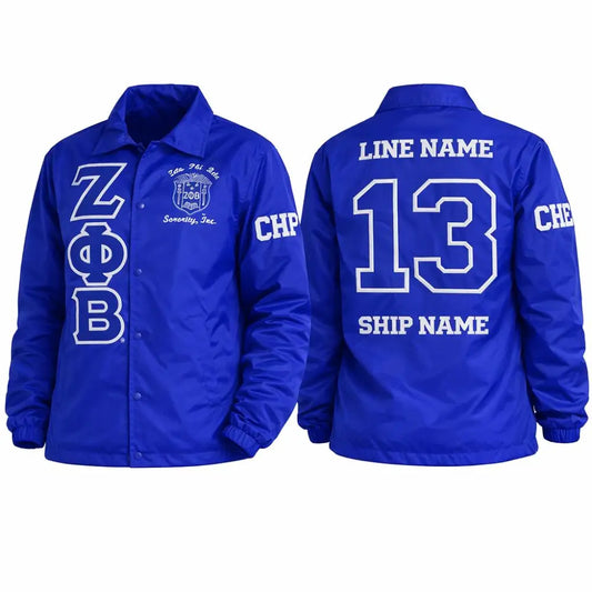 Blue Zeta Phi Beta Coach Line Jacket with personalized front, back, and sleeve embroidery