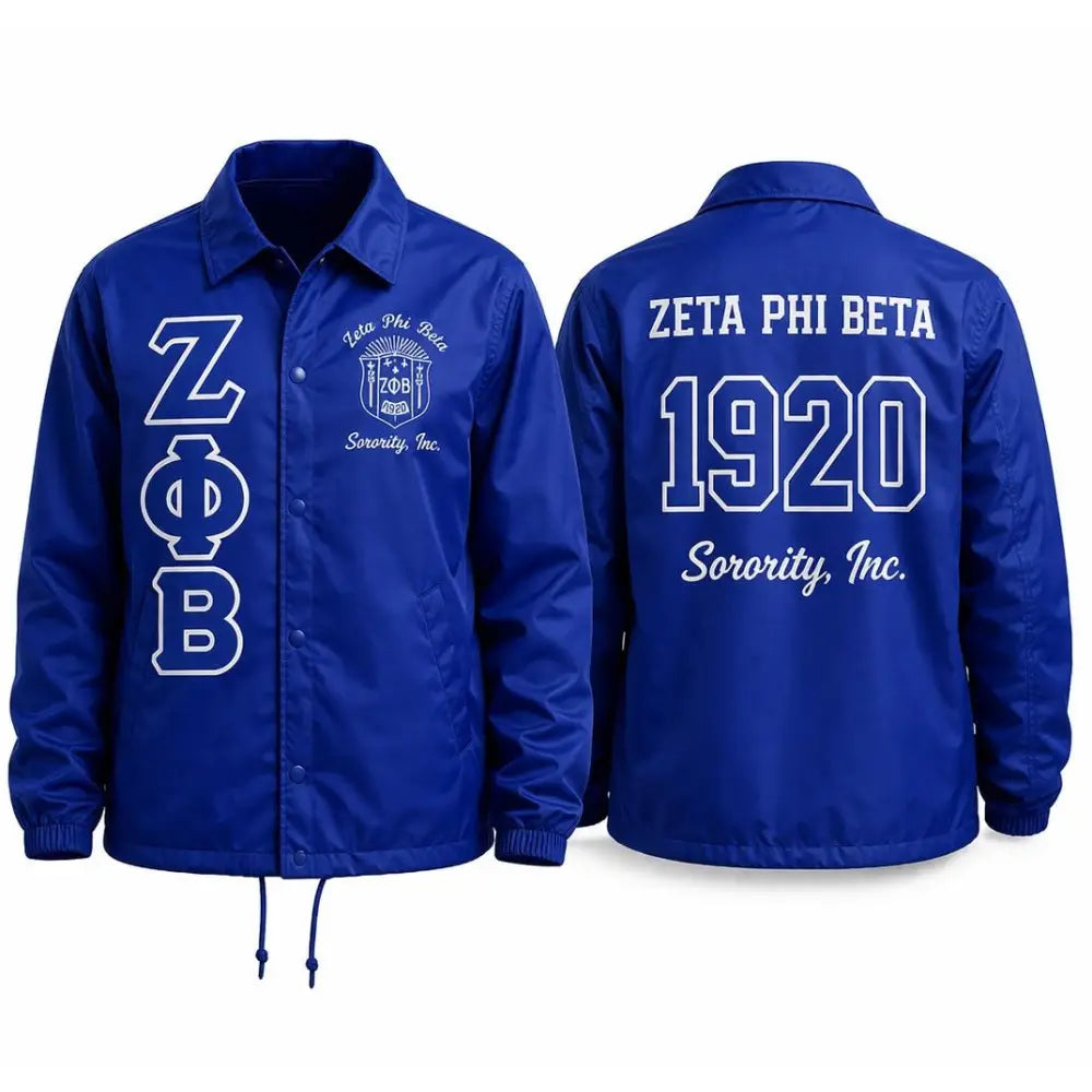 Blue Zeta Phi Beta Coach Line Jacket with personalized front, back, and sleeve embroidery
