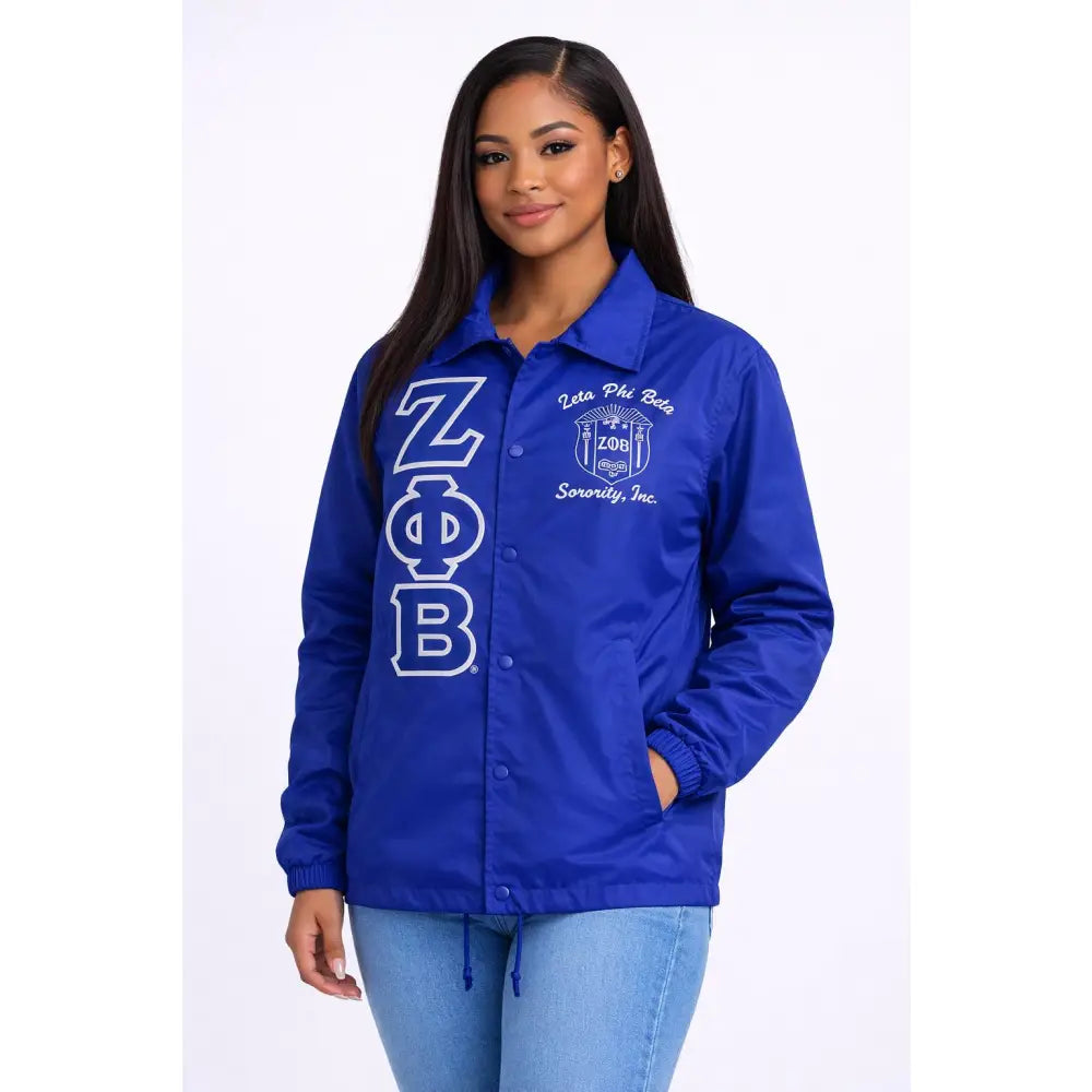 Blue Zeta Phi Beta Coach Line Jacket with personalized front, back, and sleeve embroidery
