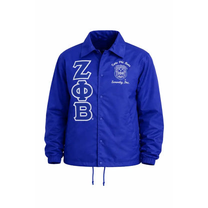 Blue Zeta Phi Beta Coach Line Jacket with personalized front, back, and sleeve embroidery