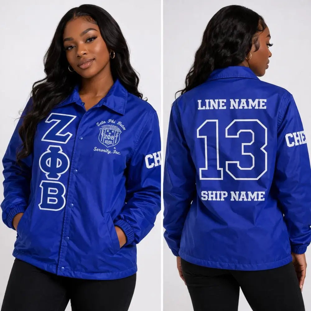 Blue Zeta Phi Beta Coach Line Jacket with personalized front, back, and sleeve embroidery