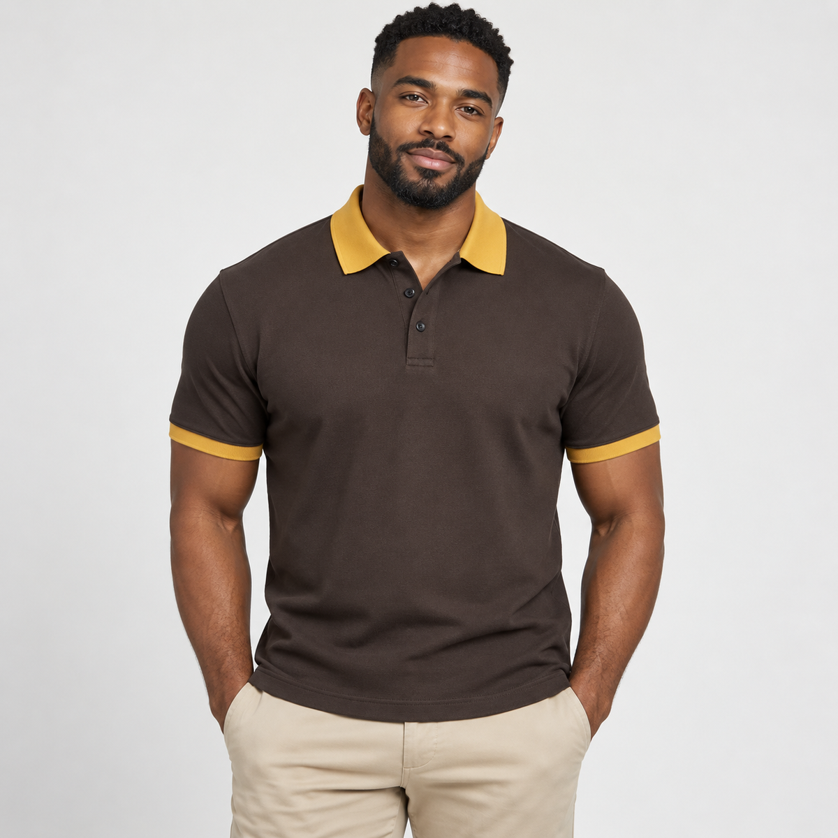 Blank charcoal brown men's polo with gilded gold collar and sleeve trim on a model