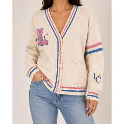 Pink / Cream Sorority embroidered cardigan by Custom D9 with personalized design details