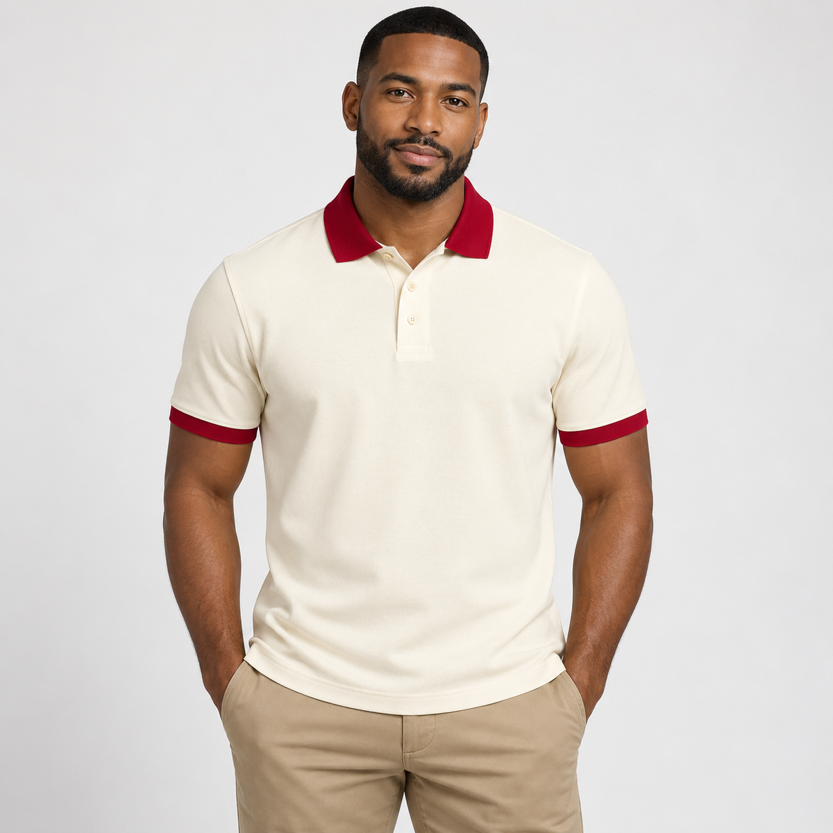 Blank cream men's polo with crimson collar and sleeve trim on a model