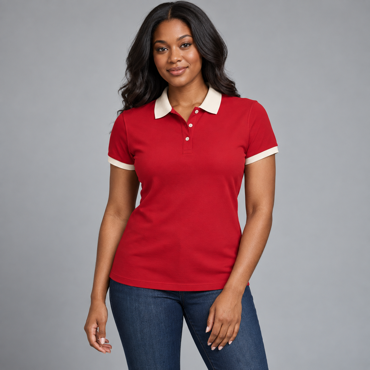 Blank crimson polo with cream collar and sleeve trim on a model