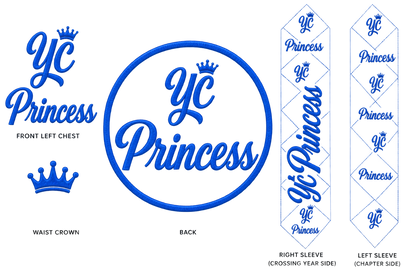 Custom crop satin jacket embroidery placement design showing chest back waist and sleeves