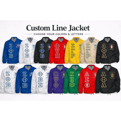 Red custom embroidered Custom Line Jacket with personalized front, back, and sleeve embroidery