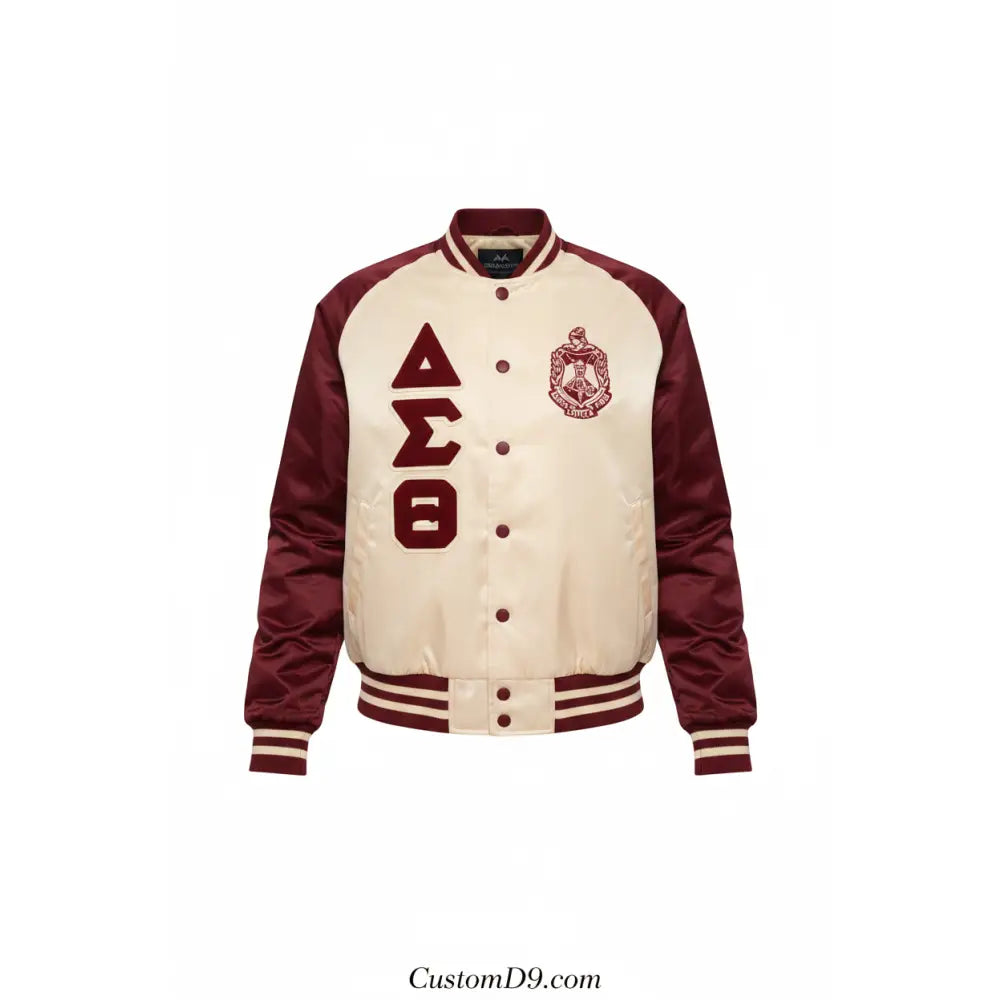 Custom Delta Sigma Theta Sorority Apparel Style 3 front view with personalized crimson and cream design