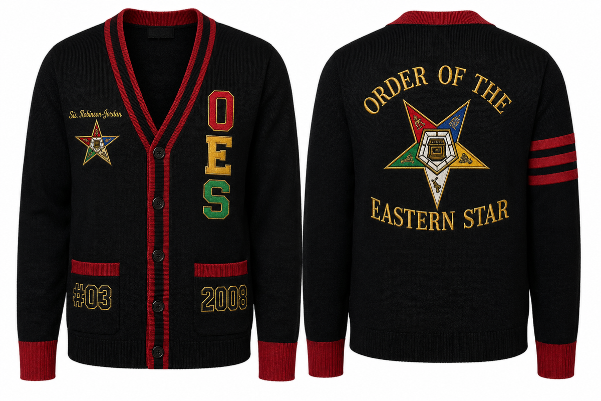 Custom black Order of the Eastern Star embroidered cardigan front and back