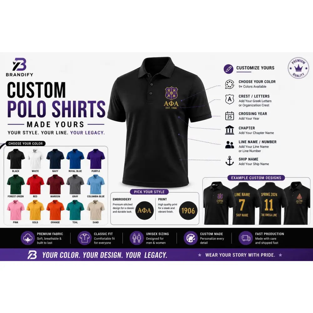 Red custom embroidered fraternity polo shirt with personalized name, chapter, and line details