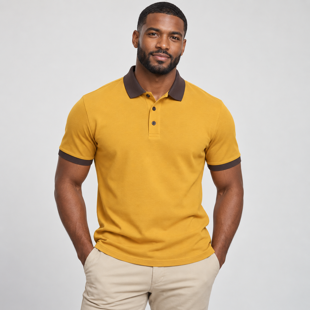 Blank gilded gold men's polo with charcoal brown collar and sleeve trim on a model