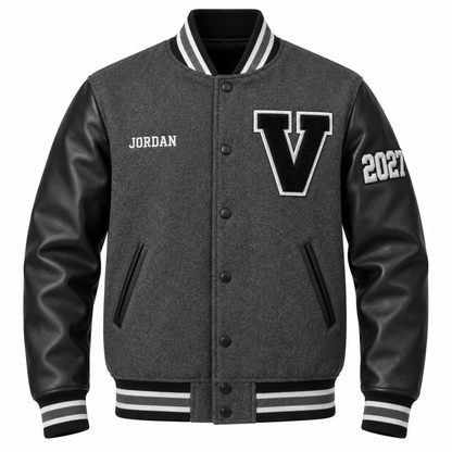 Custom gray & black high school letterman jacket with personalized patches