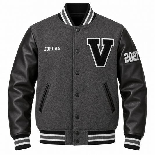 Custom gray & black high school letterman jacket with personalized patches