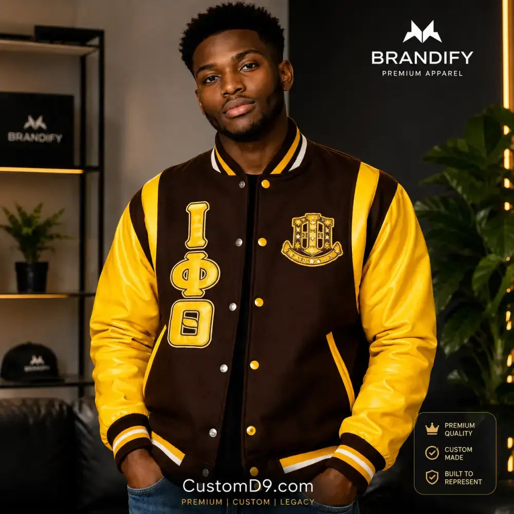 Custom Iota Phi Theta Wool Leather Letterman Jacket front view with personalized varsity design