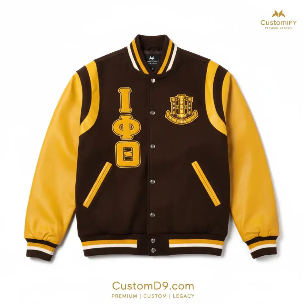 Custom Iota Phi Theta Wool Leather Letterman Jacket back view with custom name and number