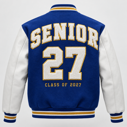 White letterman jacket sleeve with 2027, star, and Track patches