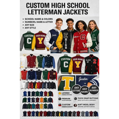 Custom Personalized Youth Letterman Jacket front view with personalized varsity design