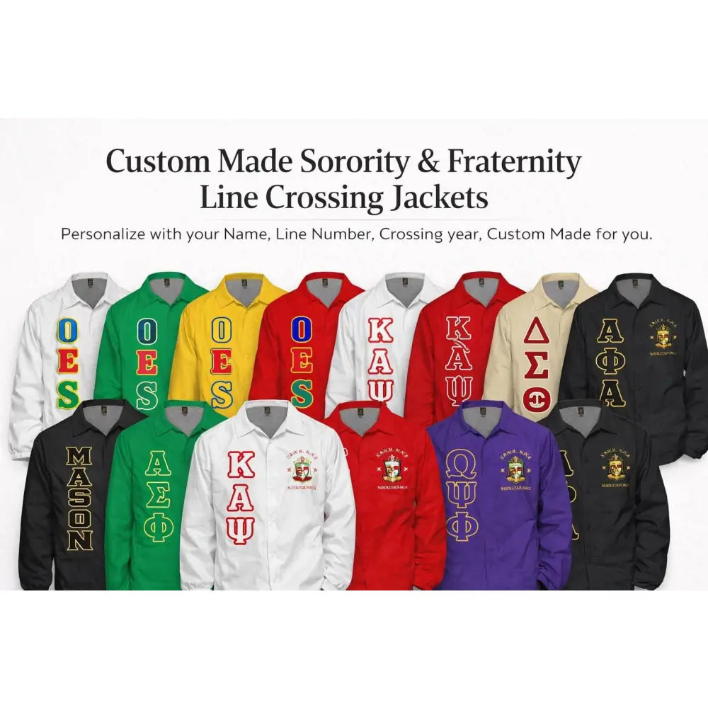 Red custom embroidered Coach Line Jacket with personalized front, back, and sleeve embroidery